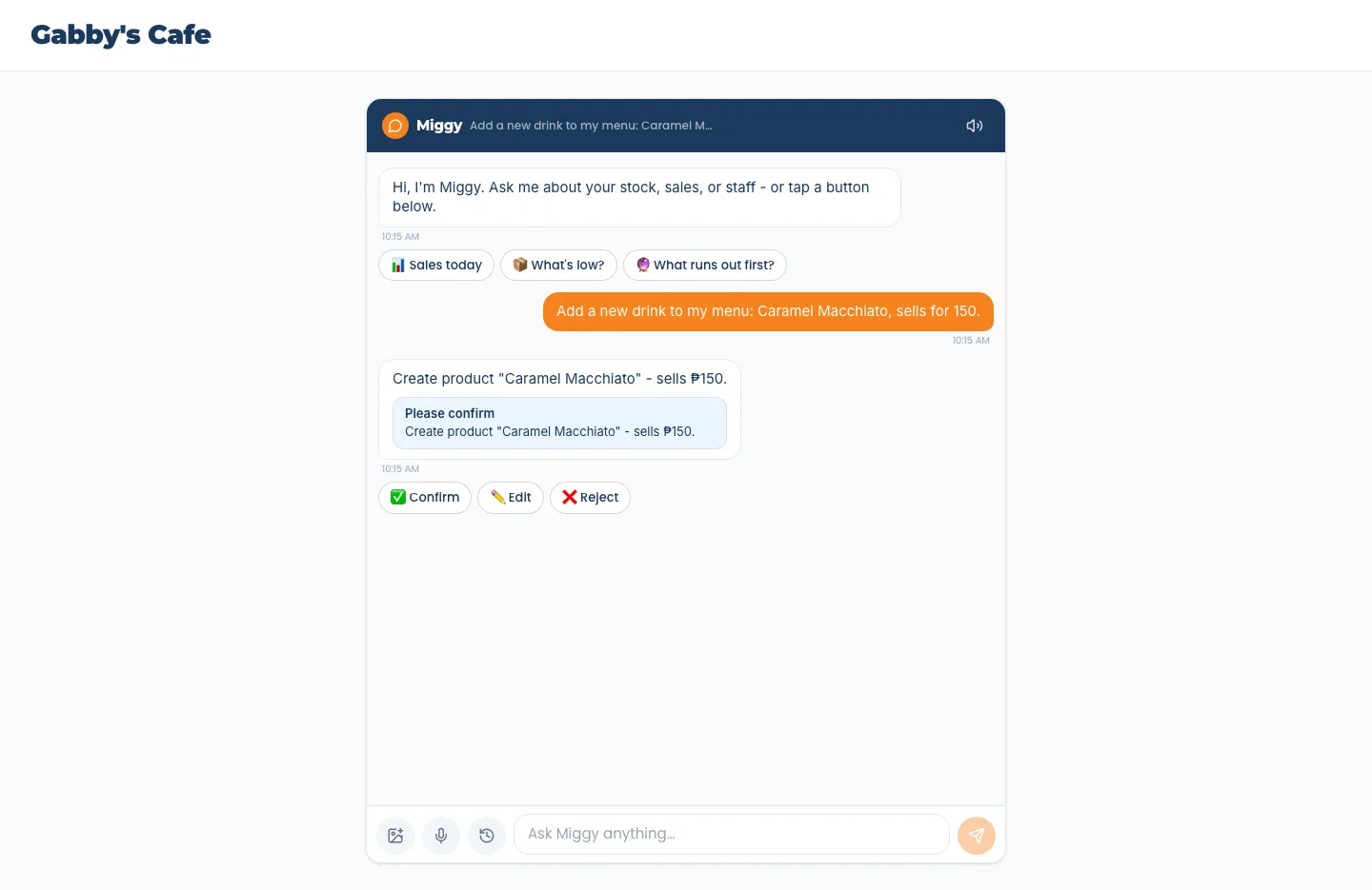 Miggy building your catalog from a menu - Let Miggy build your catalog from a menu, photo, or voice
