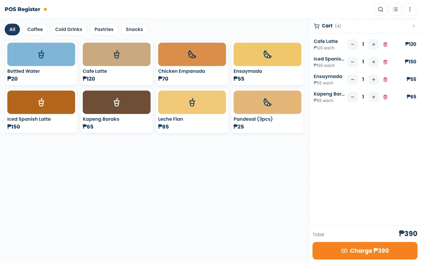 Tindahub register: sell, take payment, done - The register: tap items into the cart